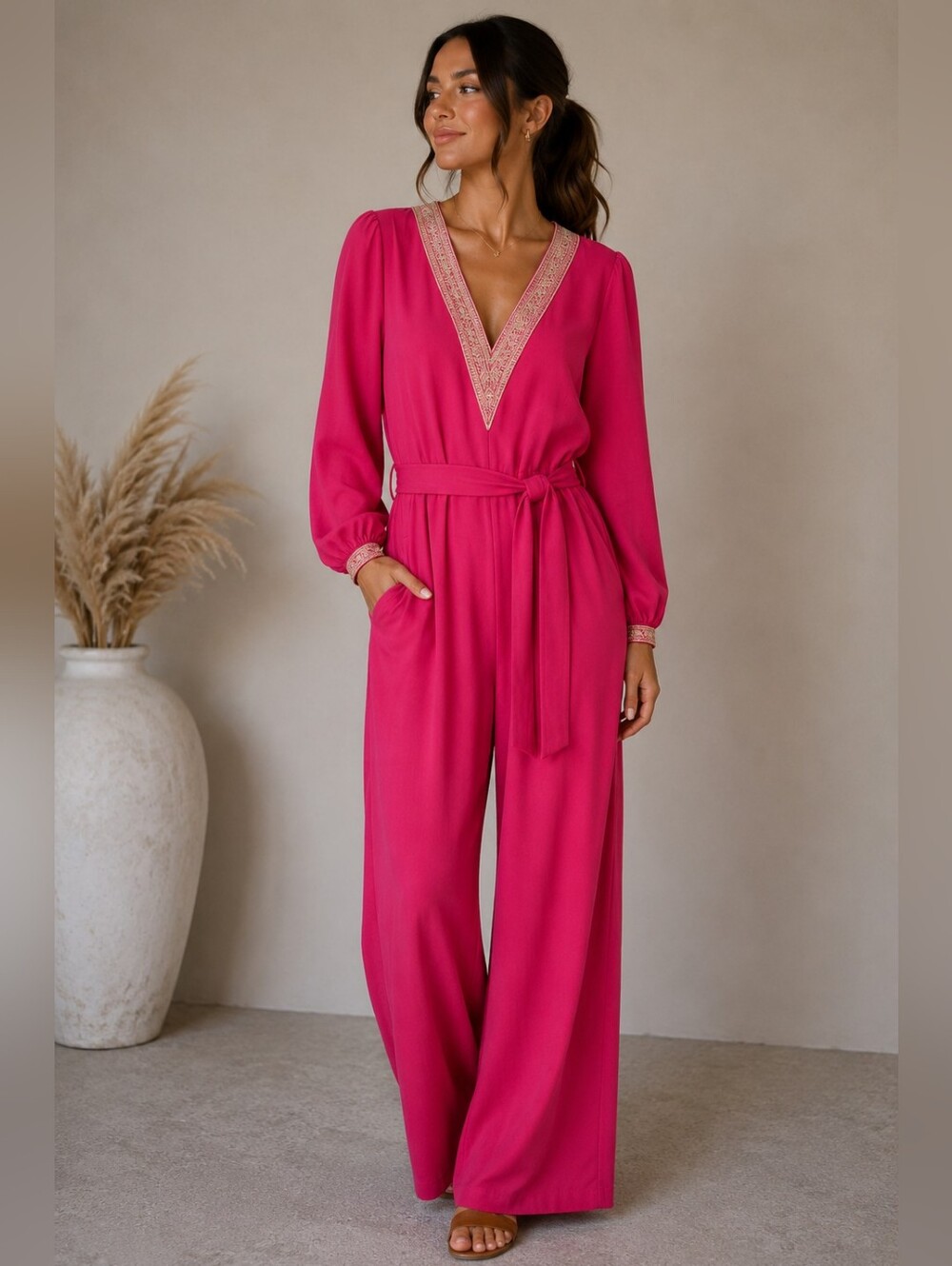 Vibrant Pink Long-Sleeve Jumpsuit Size Small